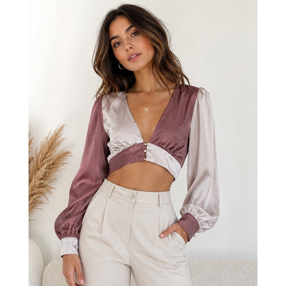 Altar'd State Mauve Champagne‎ Satin Crop Top Womens Small Colorblock